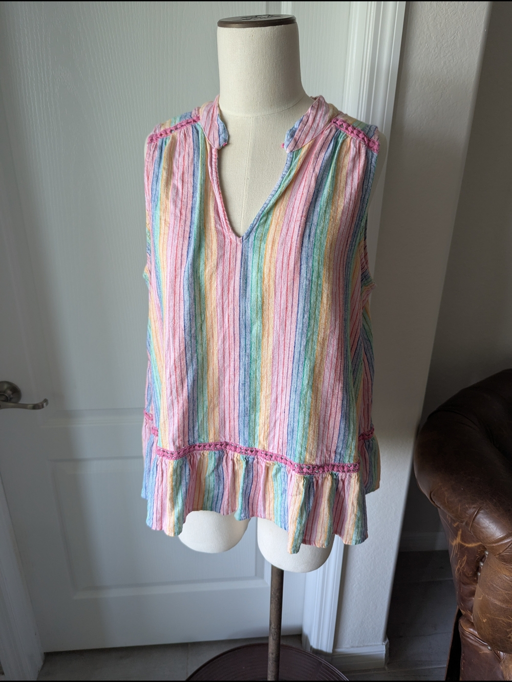 Crown & Ivy Pastel Rainbow Stripe Sleeveless Ruffle-Hem Tunic